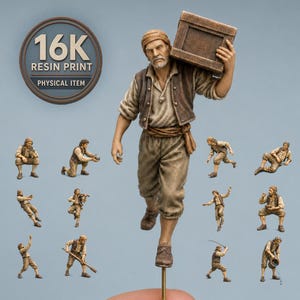 May include: A collection of 16K resin print miniature figurines depicting a person in various poses, wearing a tan shirt, brown vest, and trousers. One figure carries a wooden crate on their shoulder. Text in the image reads 16K RESIN PRINT.
