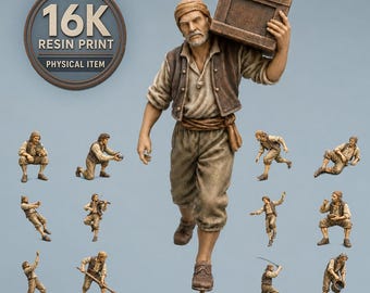 May include: A collection of 16K resin print miniature figurines depicting a person in various poses, including carrying a wooden crate, playing a violin, holding a bowl, and using a shovel. The figures wear brown vests, tan shirts, and trousers.