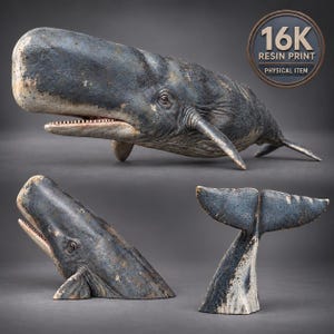 Op de afbeelding: Een 16K harsprint van een potvisfiguur getoond in drie aanzichten. De walvis heeft een donkergrijs-blauwe, getextureerde huid, een grote, blokvormige kop, zichtbare tanden en borstvinnen. Een apart aanzicht toont de kop en de staartvin als delen.
