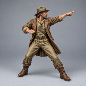Puede incluir: Una figura detallada de una persona barbuda con sombrero fedora marr&oacute;n, abrigo largo marr&oacute;n, camisa beige abotonada con pa&ntilde;uelo, pantalones beige con cintur&oacute;n marr&oacute;n y botas marrones. La figura est&aacute; en una postura din&aacute;mica se&ntilde;alando.