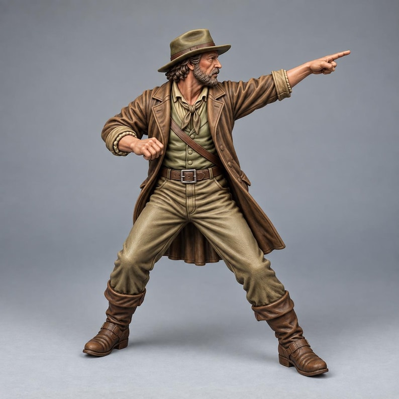Puede incluir: Una figura detallada de una persona barbuda con sombrero fedora marr&oacute;n, abrigo largo marr&oacute;n, camisa beige abotonada con pa&ntilde;uelo, pantalones beige con cintur&oacute;n marr&oacute;n y botas marrones. La figura est&aacute; en una postura din&aacute;mica se&ntilde;alando.