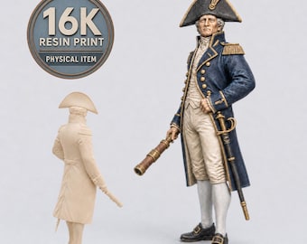 May include: A 16K resin print figure of a naval officer in a blue coat, white breeches, and a bicorne hat, holding a telescope. Beside it stands an unpainted, monochromatic version of the same figure, showing the detailed uniform and sword.