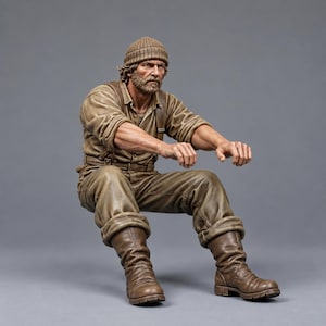 Puede incluir: Una figura detallada de una persona con barba que lleva un gorro de punto marr&oacute;n, una camisa beige de manga larga con tirantes, pantalones beige a juego y botas de cuero marr&oacute;n. La figura est&aacute; sentada con los brazos extendidos hacia adelante.