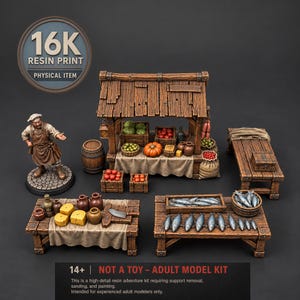 May include: A 16K resin print adventure kit featuring a miniature market stall with a wooden roof, a chef figure, and tables displaying produce, cheese, fish, and pottery. The set includes crates of vegetables, a barrel, and text reading 16K RESIN PRINT.