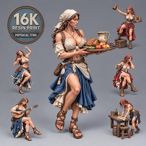 Miniatyrset med krogpiga, figur i 16 karat harts, medeltida bartender och serveringsdam, omålad fysisk modell för diorama-rollspel