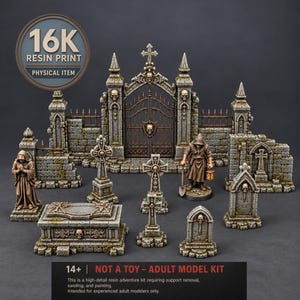 May include: A 16K resin print graveyard model kit featuring a stone gate, brick walls, a sarcophagus, various tombstones, a hooded figure with a shovel and lantern, and a praying statue. The set includes text stating 16K RESIN PRINT and 14+ NOT A TOY.