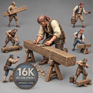 Może przedstawiać: Kolekcja siedmiu miniaturowych figurek z żywicy przedstawiających cieślę w różnych pozach roboczych, w tym podczas piłowania, wiercenia i mierzenia drewna. Okrągła odznaka zawiera tekst 16K RESIN PRINT PHYSICAL ITEM.