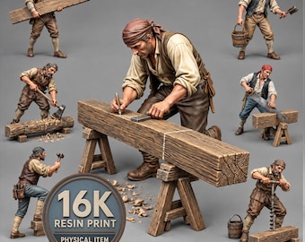 Puede incluir: Una colección de siete figuras de resina en miniatura que representan a un carpintero en varias posturas, incluyendo serrar, taladrar y medir madera. Cada figura lleva chaleco, camisa y pañuelo. Una insignia circular dice 16K RESIN PRINT PHYSICAL ITEM.