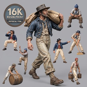 May include: A collection of 16K resin print miniature figurines depicting a bearded man in various poses, wearing a blue jacket, light-coloured trousers, and a hat. The figures show the man walking with a sack, sitting, sweeping, and carrying buckets.