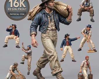 Puede incluir: Una colección de figuras en miniatura de resina 16K que representan a un hombre en varias poses, vistiendo una chaqueta azul, pantalones claros y un sombrero. Las figuras se muestran caminando, sentadas, barriendo y cargando objetos.