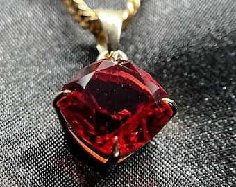 14K Gold Red Beryl Bixbite Cushion Cut Pendant For Necklace. Lab Grown Minimalist Jewelry!