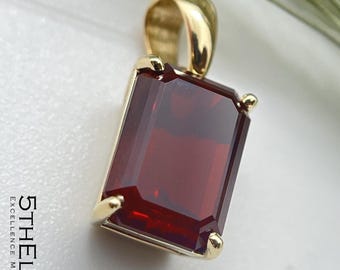 14k Gold Lab Grown Ruby Pendant. Octagon Step Cut Minimalist Jewelry.