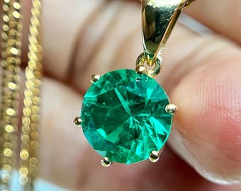 14k Gold Emerald Minimalist Pendant For Necklace. Lab Grown Gemstone With Certificate.
