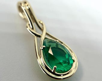14k Colombian Emerald Gold Pendant For Necklace. Unique Design Birthstone Jewelry.
