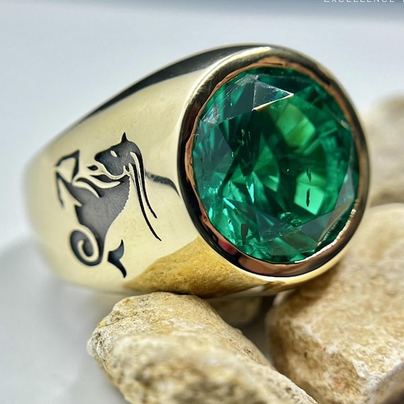 Emerald Mens Signet. 10mm or 15mm Top Quality Lab Grown Emerald Gemstone In Solid Gold Personalized Zodiac Signet Ring.