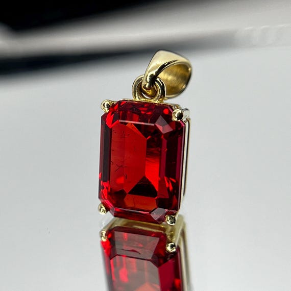 14K Gold Red Beryl Bixbite Minimalist Pendant For Necklace. Top Quality Lab Grown Gemstone Emerald Cut. Immediate Shipping!