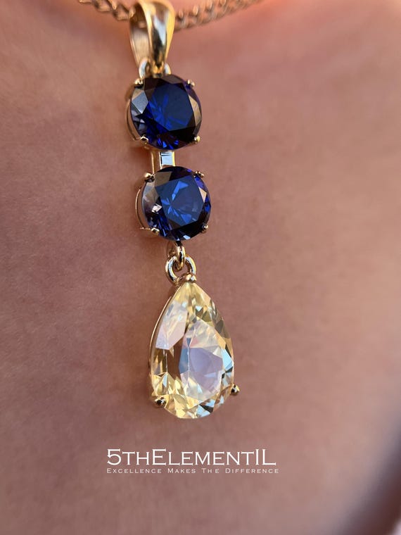 14K Gold Lab-Grown Sapphire Pendant: Royal Blue & Yellow Gemstone