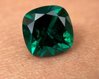 10mm Lab Grown Emerald Cushion Cut. Hydrothermal Gemstone.