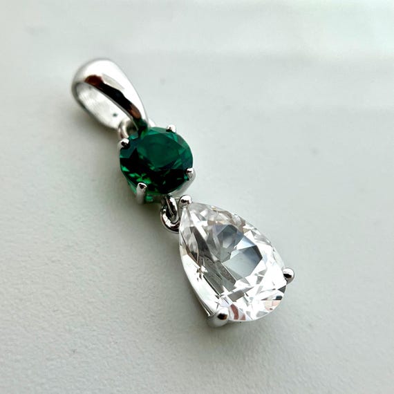 Emerald Pendant With White Sapphire in 14k Gold. Unique Jewelry!