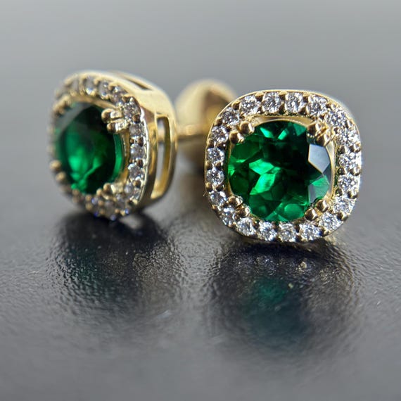 Stud Emerald Earrings With Diamonds Made Of Solid Gold or Sterling Silver.