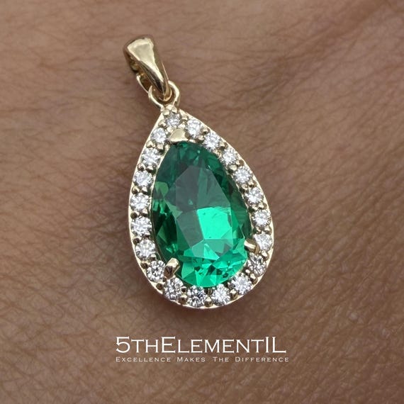 Gold Emerald Pendant With Diamond Halo. Hydrothermal Lab Grown Gemstone Jewelry.