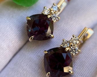 Solid Gold Alexandrite Earrings With Diamonds. Color Changing Lab Grown Gemstone Unique Jewelry.