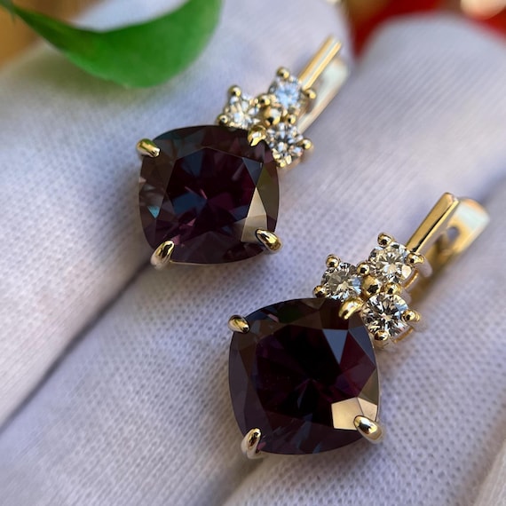 Solid Gold Alexandrite Earrings With Diamonds. Color Changing Lab Grown Gemstone Unique Jewelry.