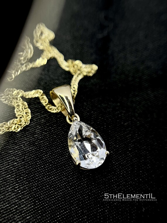 White Sapphire Gold Pendant For Necklace. Solid Gold 14K Minimalist White Sapphire Pendant. White Gemstone Necklace. Unique Holiday Gift!