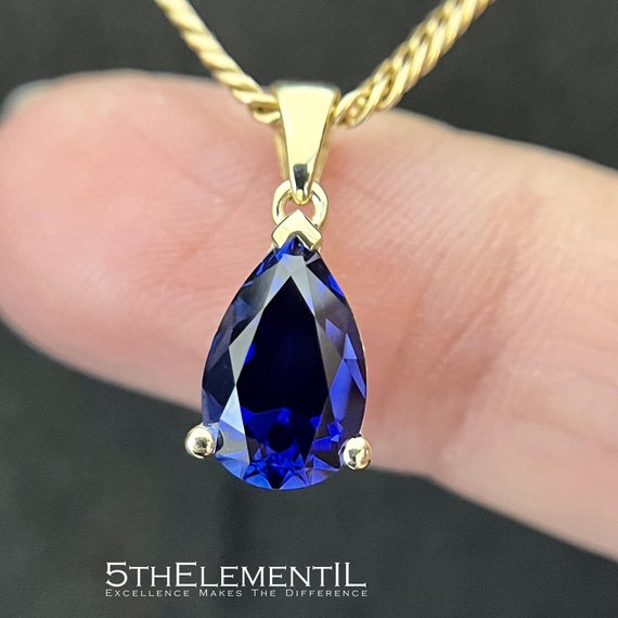 14K Gold Teardrop Sapphire Pendant - Minimalist Royal Blue Jewelry