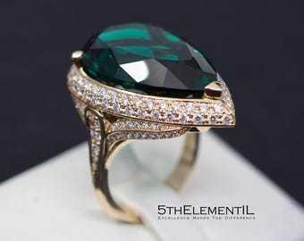 Hurrem Sultan Ring: 17 Carat Lab Emerald, Diamond Halo, 14k Gold