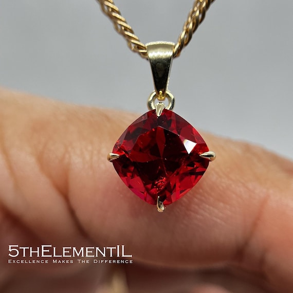 14K Gold Bixbite Pendant: Lab-Grown Red Beryl Gemstone