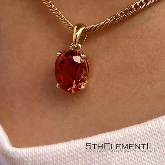 Lab Grown Padparadscha Sapphire Pendant: 14K Solid Gold, 3.58 ct Oval Gem