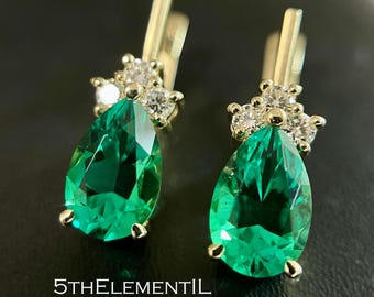 14K Gold Lab Grown Emerald Earrings With Diamonds.