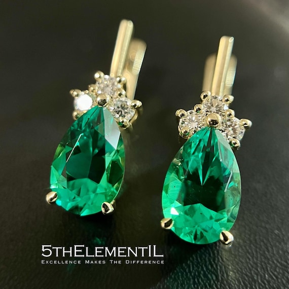 14K Gold Emerald Earrings, Teardrop Lab Grown Diamond Jewelry