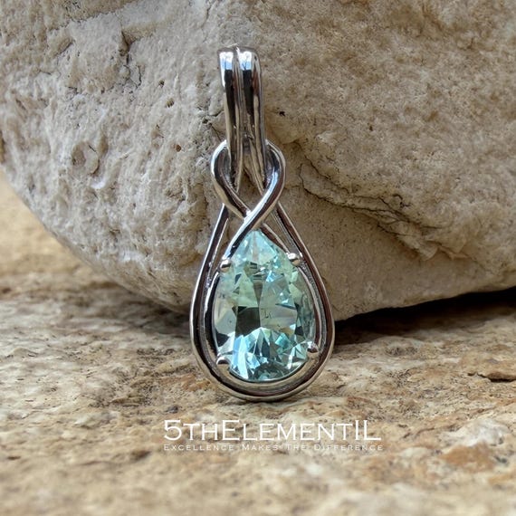 Aquamarine 14K White Gold Pendant For Necklace. Lab Grown Hydrothermal Gemstone Unique Jewelry!