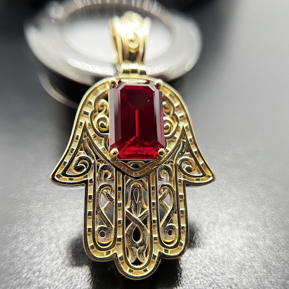 Protection Hamsa Necklace With Lab Ruby - July Birthstone. Jewish Jewelry From Jerusalem!