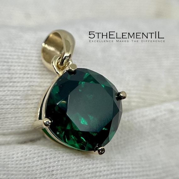 14k Gold Emerald Pendant For Necklace. Lab Grown Gemstone Minimalist Jewelry.