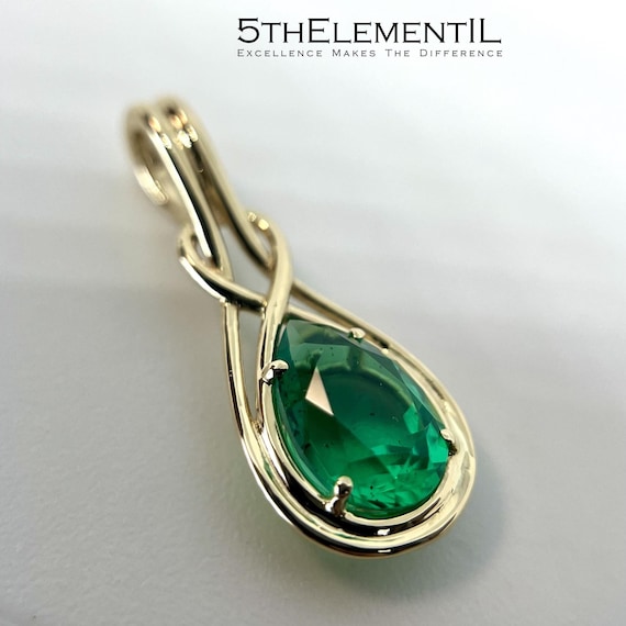 14k Colombian Emerald Gold Pendant For Necklace. Unique Design Birthstone Jewelry.