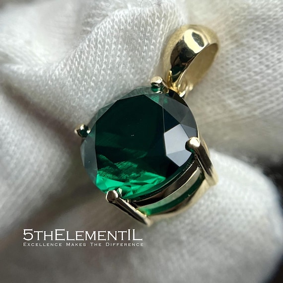 Lab Grown Emerald Pendant Necklace: 14K Solid Gold, Handmade in Jerusalem