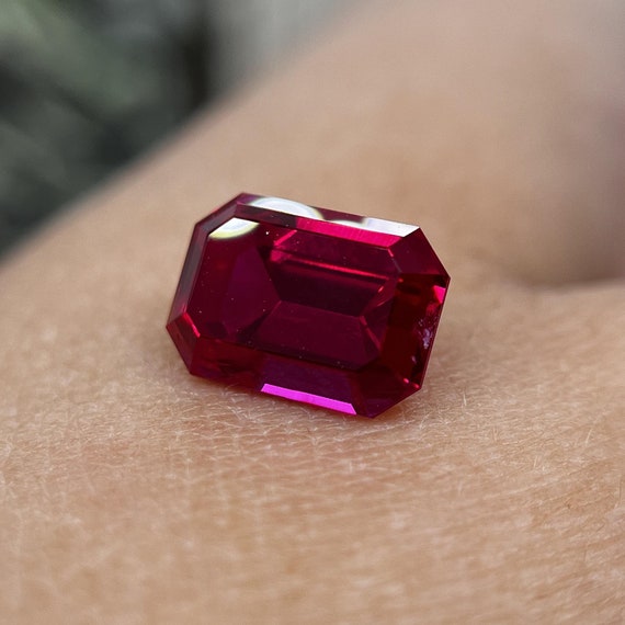 Ruby Octagon Emerald Cut. One Of A Kind Quality 10x7mm Lab Grown Corundum Ruby Stone For Unique Jewelry!