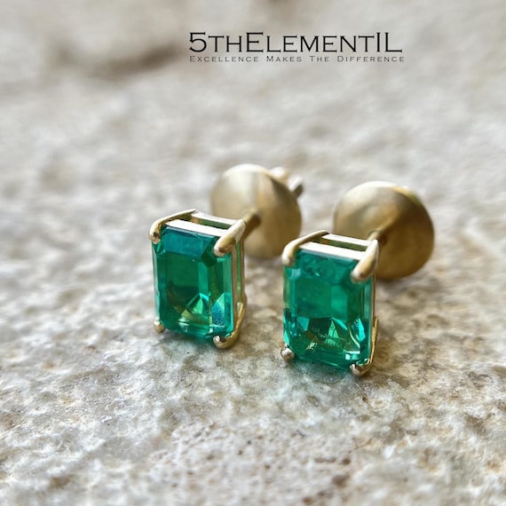 Gold Emerald Earrings. Minimalist Jewelry With Lab Grown Gemstone.