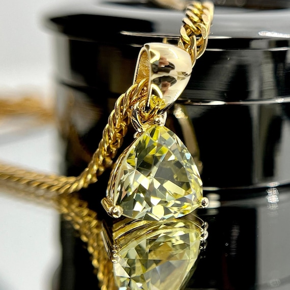 14K Gold Yellow Sapphire Pendant: Trillion Cut Lab Grown Gemstone