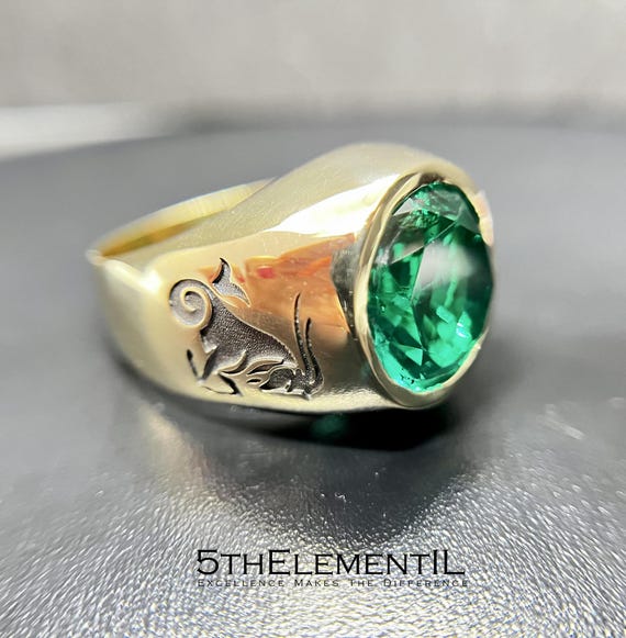 10 Carat Emerald Mens Signet. Solid Gold Personalized Zodiac Signet Ring Made Of Solid Gold With Top Quality Lab Grown Emerald Gemstone!