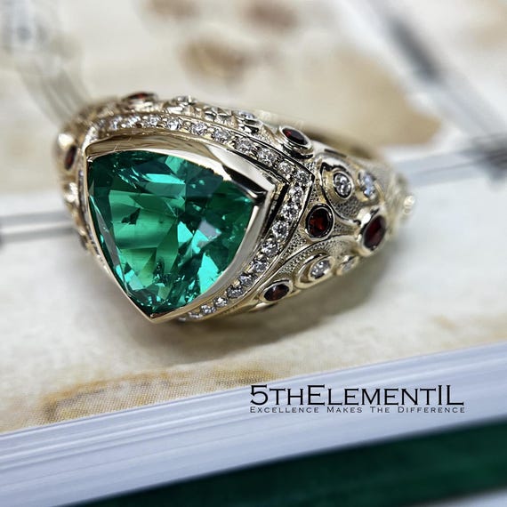 Lab Grown Emerald Statement Ring: 14K Gold, Diamonds & Ruby Accents, Jerusalem Design
