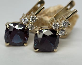 Alexandrite Gold Earrings With Diamonds. Color Changing Lab Grown Gemstone Unique Jewelry.