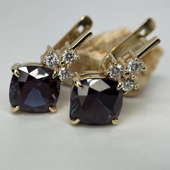 Alexandrite Gold Earrings With Diamonds. Color Changing Lab Grown Gemstone Unique Jewelry.