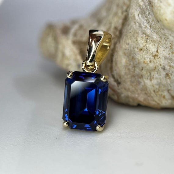 14K Gold Lab Grown Sapphire Pendant - Royal Blue Minimalist Necklace