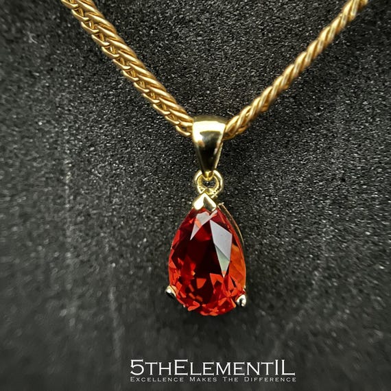 Padparadscha 14k Gold Teardrop Pendant For Necklace. Lab Grown Sapphire.