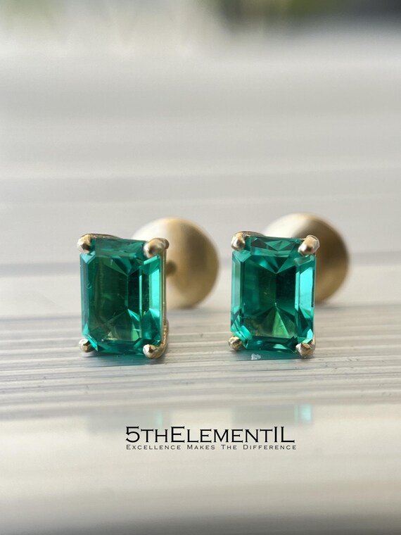 Gold Emerald Earrings. Minimalist Earrings With Top Quality Hydrothermal Lab Grown Emerald Colombian Color.