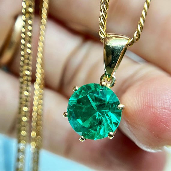 14k Gold Emerald Minimalist Pendant For Necklace. Lab Grown Gemstone With Certificate.